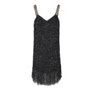 Balmain Svart Tweed Miniklänning med Fransar Black, Dam