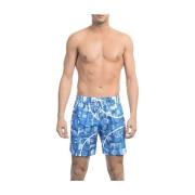 Bikkembergs Elegant blå simshorts med allover tryck Multicolor, Herr