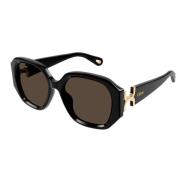 Chloé Fyrkantiga Oversized Solglasögon med Guldlogotyp Black, Dam