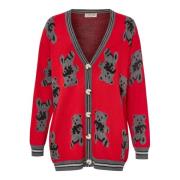 Cesare Gaspari Bear Cardigan Stickat med Lekfullt Mönster Red, Dam