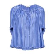 Lanvin Charmeuse Plissé Effekt Rund Hals Blus Blue, Dam