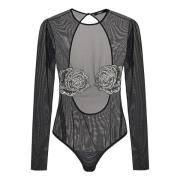 Amen Svart Tulle Bodysuit med Juvelblommor Black, Dam