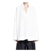 Khaite Poplin Stand Collar V-Neck Blus White, Dam