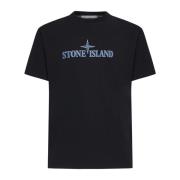 Stone Island Svart Bomull T-shirt med Blått Logotyp Black, Herr