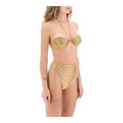 Oseree Rhinestone Bikini Set Metallic Lycra Beige, Dam