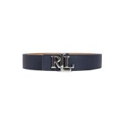 Ralph Lauren Blå Beige Reversibel Bälte med Monogram Plaque Blue, Dam