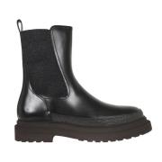 Brunello Cucinelli Läder Ankelboot med Ull Detalj Black, Dam