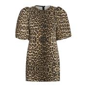 Co'Couture Denim Leopard Print Puff Sleeve Dress Beige, Dam