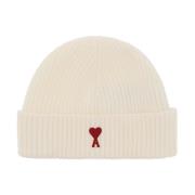 Ami Paris Räfflad ullbeanie med logopatch White, Herr