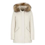 Woolrich Ivory Tech Tyg Parka med Avtagbar Päls Huva White, Dam