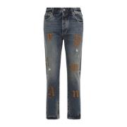 Palm Angels Blå Guld Brun Logo Patch Jeans Blue, Herr