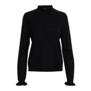 Cream Svart Stickad Blus med Volanger Black, Dam