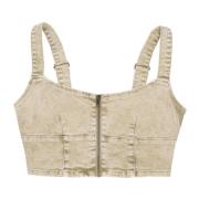 Guess Aged Zip Bustier Denim Top Beige, Dam