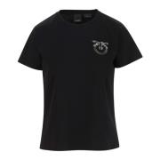 Pinko Love Birds Broderad Bomull T-shirt Black, Dam