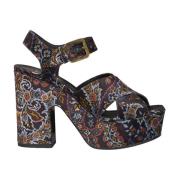 Etro Svarta Sammet Platform Sandaler med Blommigt Tryck Multicolor, Da...