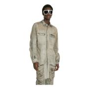 Rick Owens Distressed Denim Jacka Logo Klassisk Krage Gray, Herr