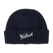 Woolrich Räfflad Beanie med Broderad Logotyp Navy Blue, Herr