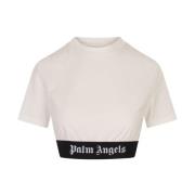 Palm Angels Vit Bomull Crop T-shirt med Logo White, Dam