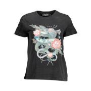 Desigual Snygg Svart Tryckt T-shirt med Unika Prydnader Black, Dam