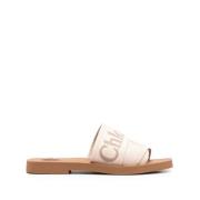 Chloé Broderad Logotyp Blockklack Sandaler Beige, Dam