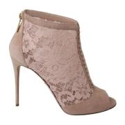 Dolce & Gabbana Beige Lace Suede Peep Toe Booties Beige, Dam