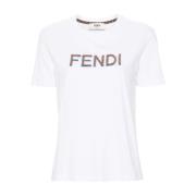 Fendi Paljett Logo Crew Neck T-shirt White, Dam