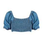 Patrizia Pepe Denim Crop Top med Square Neckline Blue, Dam