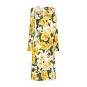 Dolce & Gabbana Rose Print V-ringad Klänning Gul Yellow, Dam