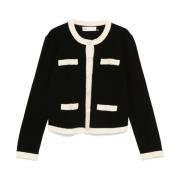 Tory Burch Chunky Wool Trim Cardigan Black, Dam