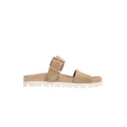 Miu Miu Beige Mocka Platta Sandaler Beige, Dam