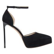 Estro Svarta Velour Platform Pumps med Ankelrem Black, Dam