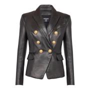 Balmain Klassisk 6-knapp läderjacka Black, Dam