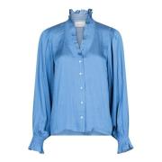 Neo Noir Satinblus med Smockdetaljer Blue, Dam