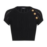 Balmain Svart Cropped Tröja med Guld Knappar Black, Dam