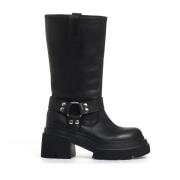 Elena Iachi Svart Läder Biker Boots Tjock Sula Black, Dam