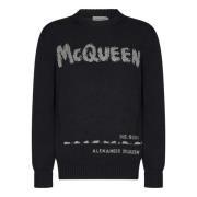 Alexander McQueen Svart Crewneck Tröja med Grå Logo Black, Herr