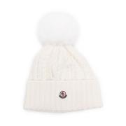 Moncler Vit Cashmere Blend Beanie med Logo Patch White, Dam