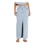 Norr Maxi Denimkjol med Framslits Blue, Dam