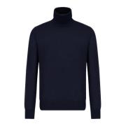 Emporio Armani Blå Stickad Tröja Logo Hög Hals Långärmad Blue, Herr