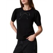 Actitude Svart T-shirt med handbroderad rosett Black, Dam