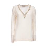 Ermanno Scervino Broderad Stickad Topp V-Hals Stil Beige, Dam