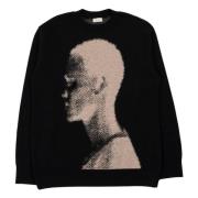 Dries Van Noten Face Jacquard Crewneck Sweater i Svart Black, Herr