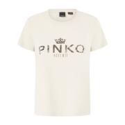 Pinko Bomullst-shirt med Atelier-tryck Beige, Dam