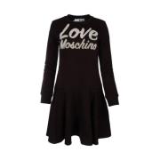 Love Moschino Bomullsklänning med sammet logo Black, Dam