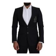 Dolce & Gabbana Svart Ullblazer med Biekrona Broderi Black, Herr