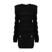 Balmain Räfflad Tweed Miniklänning i Svart Black, Dam