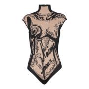 Balmain Jacquardstickad bodysuit med torso motiv Beige, Dam