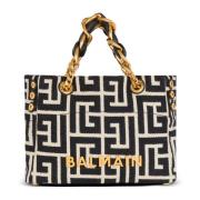 Balmain Liten 1945 Mjuk monogramvävd toteväska Black, Dam