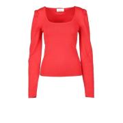 MeiMeiJ Elegant Viskos Polyester Stickad Topp Red, Dam