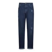 Brunello Cucinelli Blå Denim Straight-Leg Jeans med Rips Blue, Herr